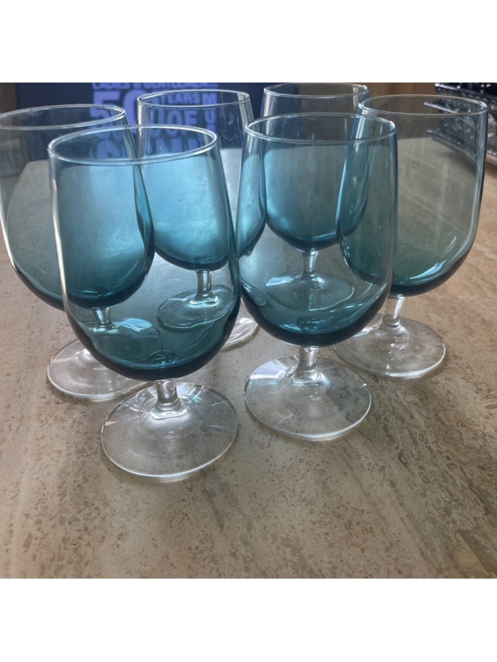MCM Smokey Blue Iced Tea Water Goblets Brandy Wine Glasses 6.5” Clear Stem 16 oz